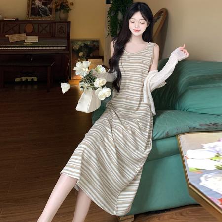 FA56460# 大码女装条纹背心长裙+针织长袖防晒开衫春装百搭连衣裙 服裝批發女裝批發服飾貨源