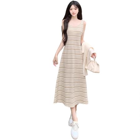 FA56460# 大码女装条纹背心长裙+针织长袖防晒开衫春装百搭连衣裙 服裝批發女裝批發服飾貨源