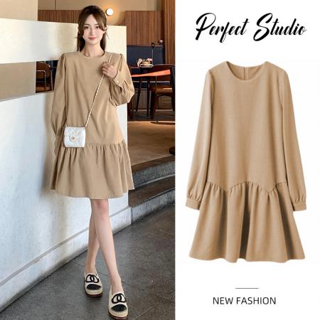 FA56461# 大码女装春装新款显瘦荷叶边裙韩版泡泡袖长袖连衣裙 服裝批發女裝批發服飾貨源