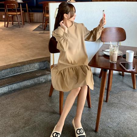 FA56461# 大码女装春装新款显瘦荷叶边裙韩版泡泡袖长袖连衣裙 服裝批發女裝批發服飾貨源