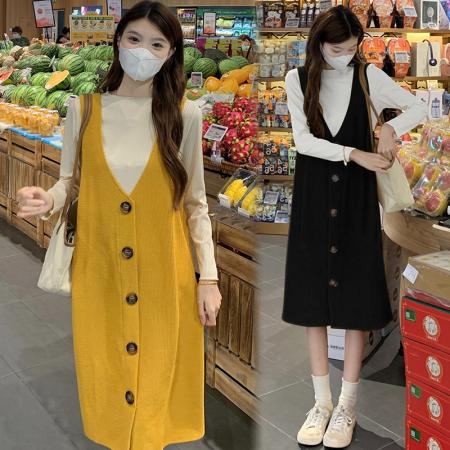 FA56462# 大码女装春季新款两件套显瘦长袖打底+背心连衣裙套装 服裝批發女裝批發服飾貨源