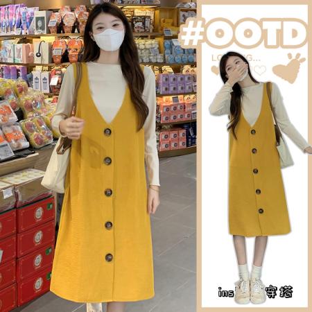 FA56462# 大码女装春季新款两件套显瘦长袖打底+背心连衣裙套装 服裝批發女裝批發服飾貨源