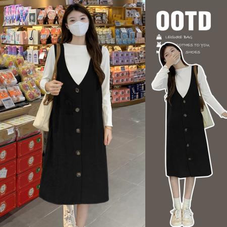 FA56462# 大码女装春季新款两件套显瘦长袖打底+背心连衣裙套装 服裝批發女裝批發服飾貨源