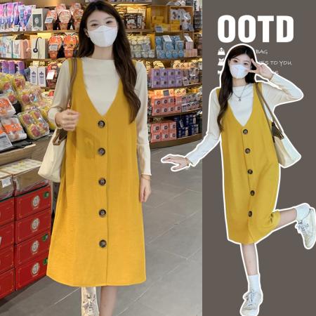 FA56462# 大码女装春季新款两件套显瘦长袖打底+背心连衣裙套装 服裝批發女裝批發服飾貨源