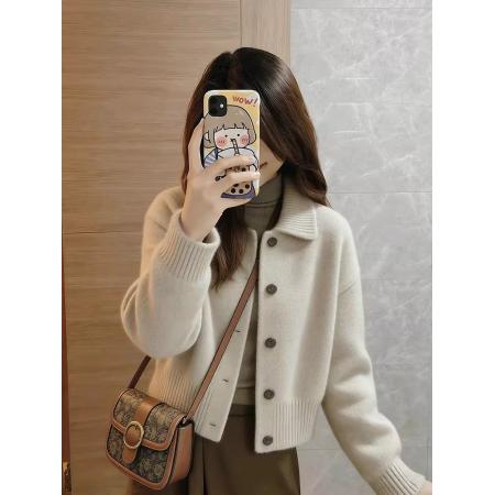 FA56463# 巨好看的早春外套新款小个子米色翻领针织开衫短款毛衣外套女 服裝批發女裝批發服飾貨源