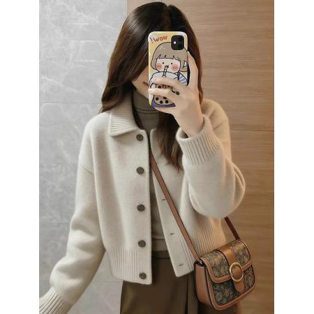 FA56463# 巨好看的早春外套新款小个子米色翻领针织开衫短款毛衣外套女 服裝批發女裝批發服飾貨源