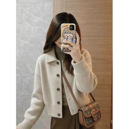 FA56463# 巨好看的早春外套新款小个子米色翻领针织开衫短款毛衣外套女 服裝批發女裝批發服飾貨源