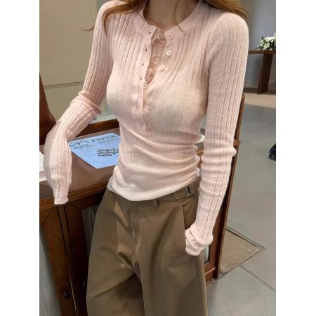 FA56464# 韩系粉色半开领针织打底衫女秋冬季炸街独特漂亮内搭修身短款上衣 服裝批發女裝批發服飾貨源