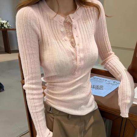 FA56464# 韩系粉色半开领针织打底衫女秋冬季炸街独特漂亮内搭修身短款上衣 服裝批發女裝批發服飾貨源