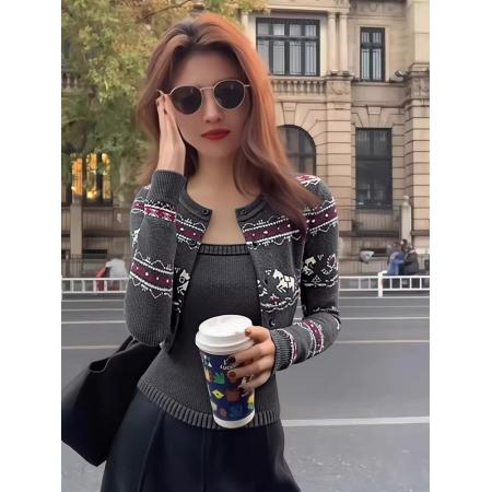 FA56465# 小个子韩系灰色提花针织开衫女秋冬毛衣外套外搭软糯加厚短款上衣 服裝批發女裝批發服飾貨源