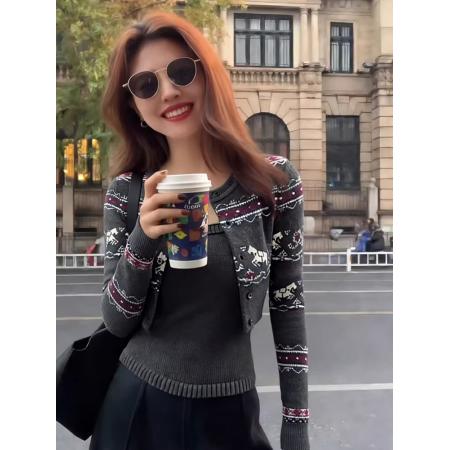 FA56465# 小个子韩系灰色提花针织开衫女秋冬毛衣外套外搭软糯加厚短款上衣 服裝批發女裝批發服飾貨源