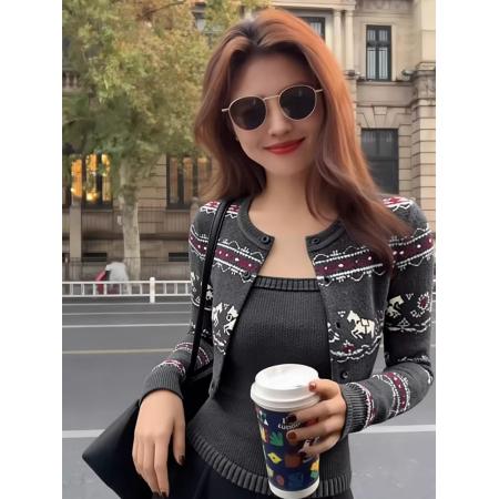 FA56465# 小个子韩系灰色提花针织开衫女秋冬毛衣外套外搭软糯加厚短款上衣 服裝批發女裝批發服飾貨源