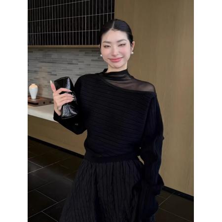 FA56466# 网纱拼接半高领白色针织打底衫女秋冬季轻奢高级感内搭不规则上衣 服裝批發女裝批發服飾貨源