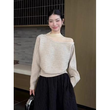 FA56466# 网纱拼接半高领白色针织打底衫女秋冬季轻奢高级感内搭不规则上衣 服裝批發女裝批發服飾貨源