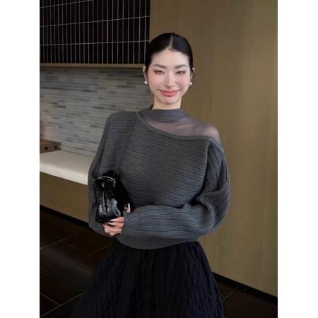 FA56466# 网纱拼接半高领白色针织打底衫女秋冬季轻奢高级感内搭不规则上衣 服裝批發女裝批發服飾貨源