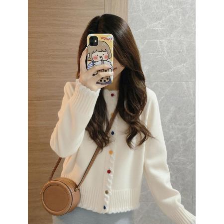 FA56467# 别致独特漂亮白色小衫外出新款彩扣毛衣女装秋冬花边针织开衫外套 服裝批發女裝批發服飾貨源