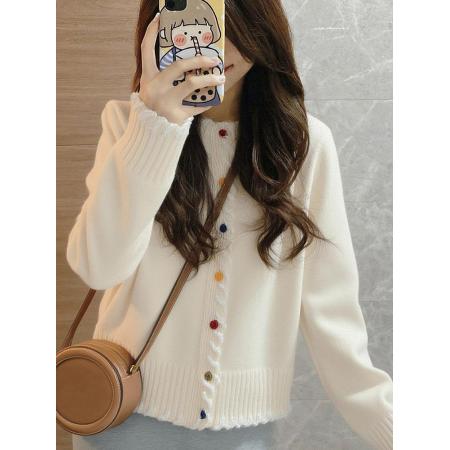 FA56467# 别致独特漂亮白色小衫外出新款彩扣毛衣女装秋冬花边针织开衫外套 服裝批發女裝批發服飾貨源