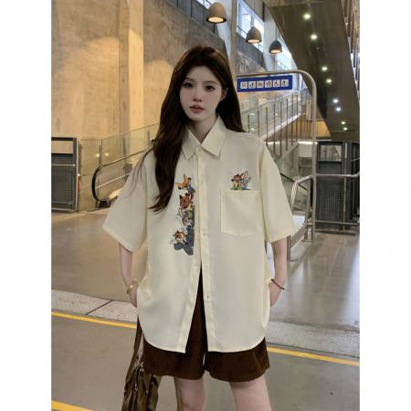 FA56468# 日系复古卡通刺绣衬衫女短袖宽松情侣百搭休闲上衣服春夏 服裝批發女裝批發服飾貨源