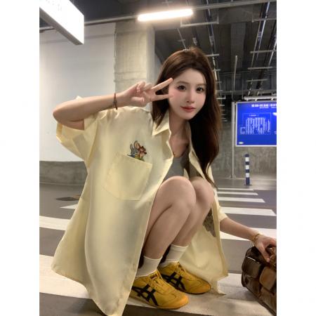 FA56468# 日系复古卡通刺绣衬衫女短袖宽松情侣百搭休闲上衣服春夏 服裝批發女裝批發服飾貨源