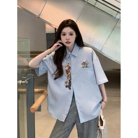 FA56468# 日系复古卡通刺绣衬衫女短袖宽松情侣百搭休闲上衣服春夏 服裝批發女裝批發服飾貨源