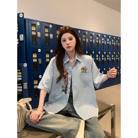 FA56468# 日系复古卡通刺绣衬衫女短袖宽松情侣百搭休闲上衣服春夏 服裝批發女裝批發服飾貨源