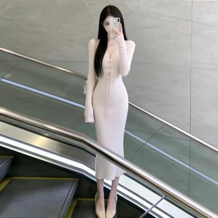 FA56469# 纯欲风性感辣妹长袖连衣裙子女秋冬新款内搭打底修身包臀长裙 服裝批發女裝批發服飾貨源