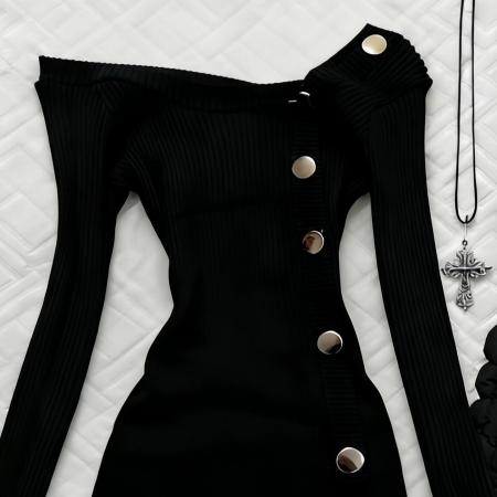 FA56470# 新款御姐穿搭黑色一字肩针织连衣裙子女秋冬季辣妹内搭包臀裙 服裝批發女裝批發服飾貨源