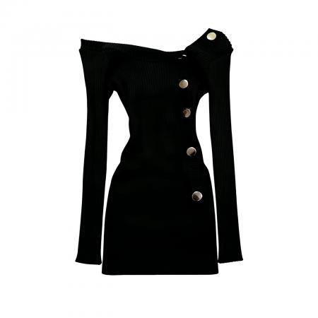 FA56470# 新款御姐穿搭黑色一字肩针织连衣裙子女秋冬季辣妹内搭包臀裙 服裝批發女裝批發服飾貨源