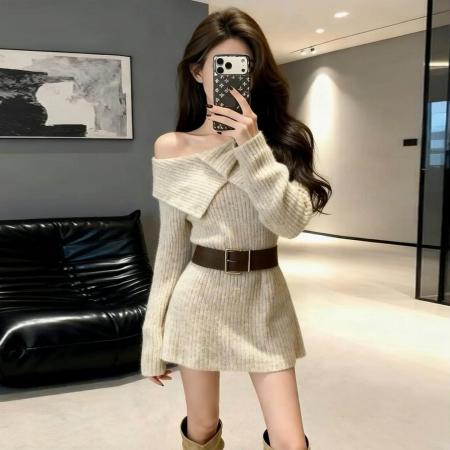 FA56471# 慵懒气质一字肩翻领针织连衣裙子女冬新款跨年氛围美拉德短裙 服裝批發女裝批發服飾貨源