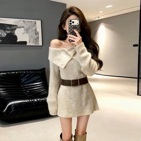FA56471# 慵懒气质一字肩翻领针织连衣裙子女冬新款跨年氛围美拉德短裙 服裝批發女裝批發服飾貨源