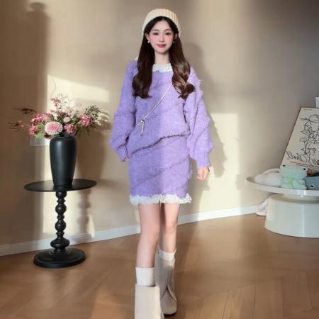 FA56472# 慵懒风紫色针织毛衣连衣裙子女秋冬季新款巨好看韩系两件套装 服裝批發女裝批發服飾貨源