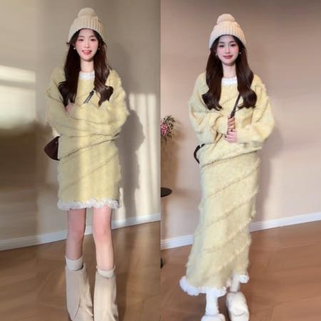 FA56472# 慵懒风紫色针织毛衣连衣裙子女秋冬季新款巨好看韩系两件套装 服裝批發女裝批發服飾貨源