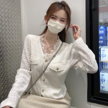 FA56475# 春装新款胖mm大码女时尚纯欲风蕾丝边方格气质针织衫 服裝批發女裝批發服飾貨源