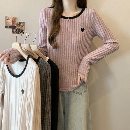FA56476# 春装新款胖mm大码女时尚撞色爱心坑条加厚针织上衣 服裝批發女裝批發服飾貨源
