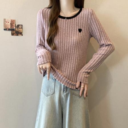 FA56476# 春装新款胖mm大码女时尚撞色爱心坑条加厚针织上衣 服裝批發女裝批發服飾貨源