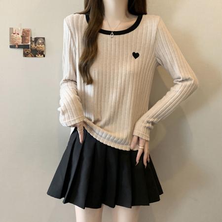 FA56476# 春装新款胖mm大码女时尚撞色爱心坑条加厚针织上衣 服裝批發女裝批發服飾貨源