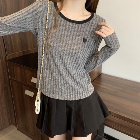 FA56476# 春装新款胖mm大码女时尚撞色爱心坑条加厚针织上衣 服裝批發女裝批發服飾貨源