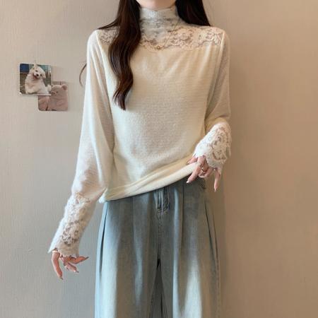 FA56477# 春装新款胖mm大码女高领蕾丝拼接加绒加厚打底衫上衣 服裝批發女裝批發服飾貨源