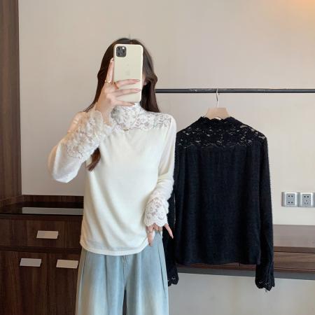 FA56477# 春装新款胖mm大码女高领蕾丝拼接加绒加厚打底衫上衣 服裝批發女裝批發服飾貨源