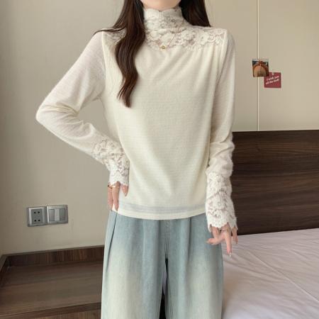 FA56477# 春装新款胖mm大码女高领蕾丝拼接加绒加厚打底衫上衣 服裝批發女裝批發服飾貨源