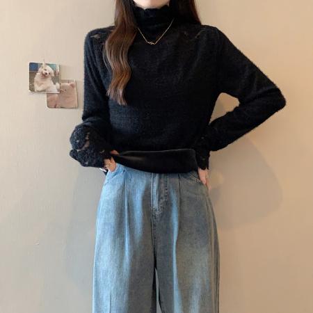 FA56477# 春装新款胖mm大码女高领蕾丝拼接加绒加厚打底衫上衣 服裝批發女裝批發服飾貨源