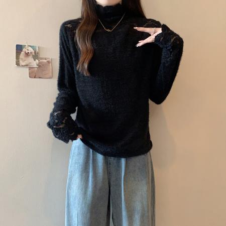 FA56477# 春装新款胖mm大码女高领蕾丝拼接加绒加厚打底衫上衣 服裝批發女裝批發服飾貨源