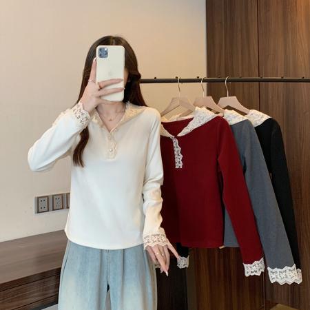 FA56478# 春装新款胖mm大码女法式蕾丝连帽加厚打底衫上衣 服裝批發女裝批發服飾貨源