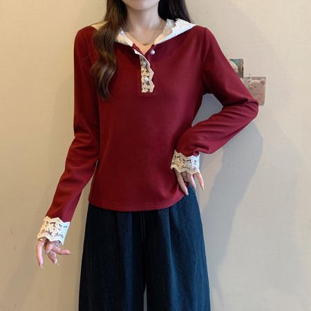 FA56478# 春装新款胖mm大码女法式蕾丝连帽加厚打底衫上衣 服裝批發女裝批發服飾貨源