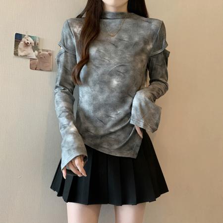 FA56479# 春季新款胖mm大码女别致扎染破洞甜辣不规则长袖T恤 服裝批發女裝批發服飾貨源