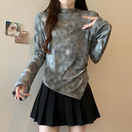 FA56479# 春季新款胖mm大码女别致扎染破洞甜辣不规则长袖T恤 服裝批發女裝批發服飾貨源