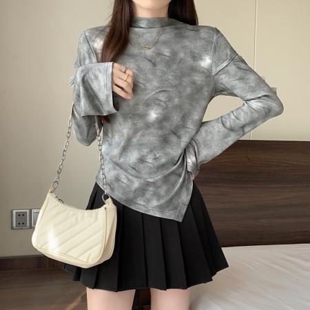 FA56479# 春季新款胖mm大码女别致扎染破洞甜辣不规则长袖T恤 服裝批發女裝批發服飾貨源