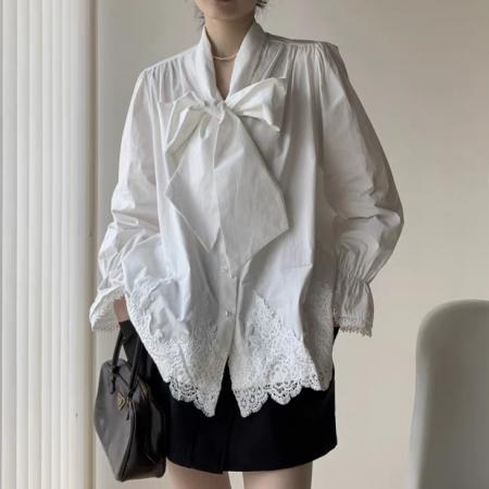 FA56480# 报单有货春天法式蝴蝶结绑带宽松显瘦遮肉衬衫刺绣镂空钩花上衣 服裝批發女裝批發服飾貨源