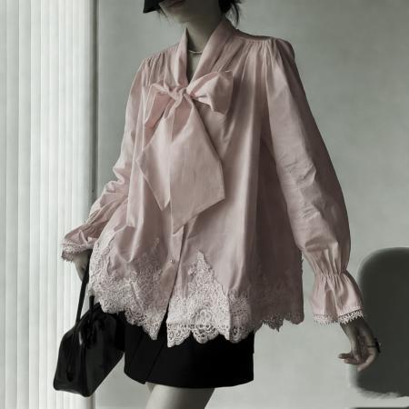 FA56480# 报单有货春天法式蝴蝶结绑带宽松显瘦遮肉衬衫刺绣镂空钩花上衣 服裝批發女裝批發服飾貨源