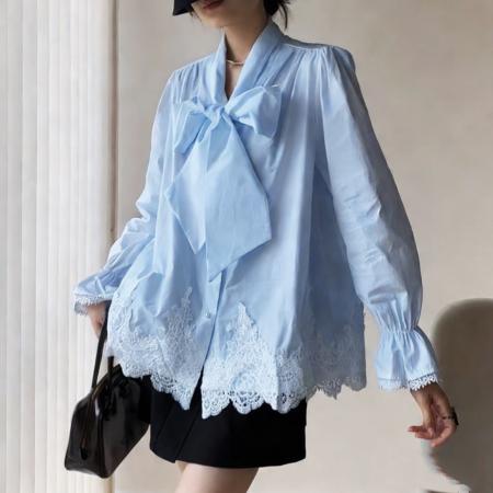 FA56480# 报单有货春天法式蝴蝶结绑带宽松显瘦遮肉衬衫刺绣镂空钩花上衣 服裝批發女裝批發服飾貨源